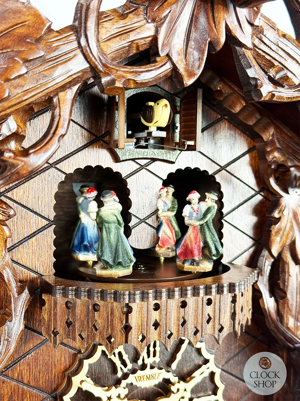 Detailed Birds & Leaves Battery Carved Cuckoo Clock With Dancers 49cm By TRENKLE image