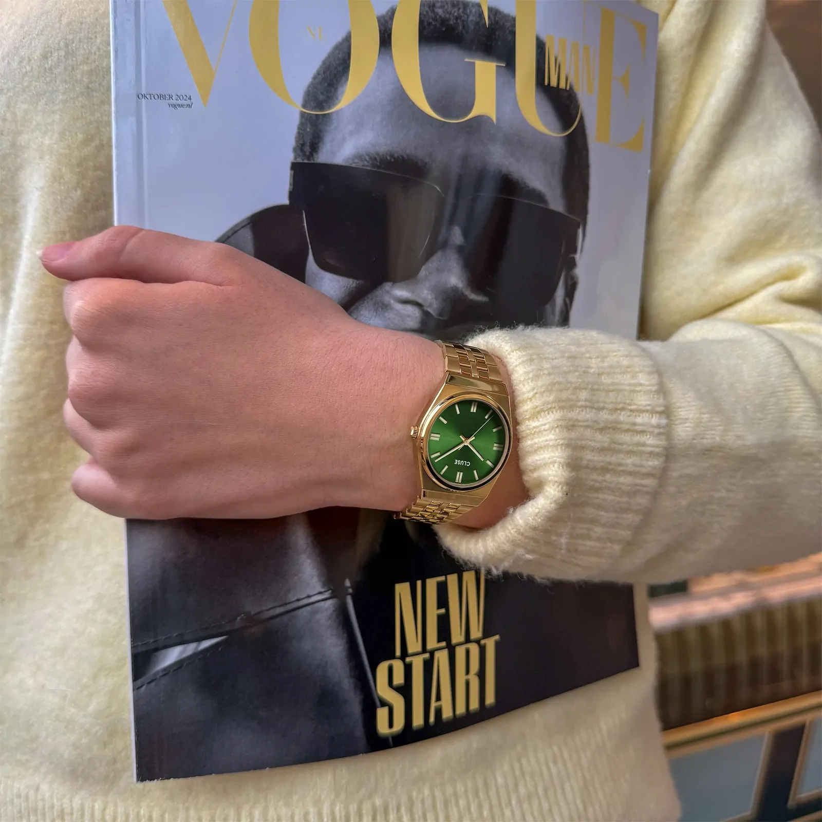 33mm Retro 70's Womens Quartz Watch With Green Dial & Gold Stainless Steel Link Band By CLUSE image