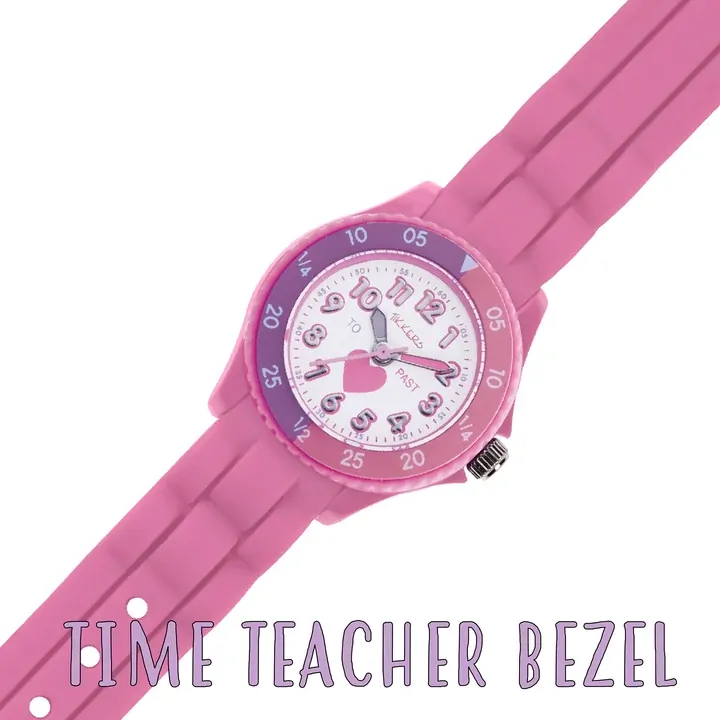 Time Teacher Pink Youth Quartz Watch With Love Heart Dial & Silicone Strap By TIKKERS image
