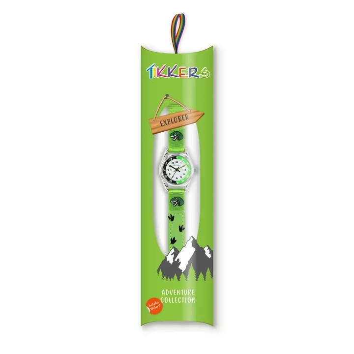 Time Teacher Green Youth Quartz Watch With Green Canvas Dinosaur Strap By TIKKERS image