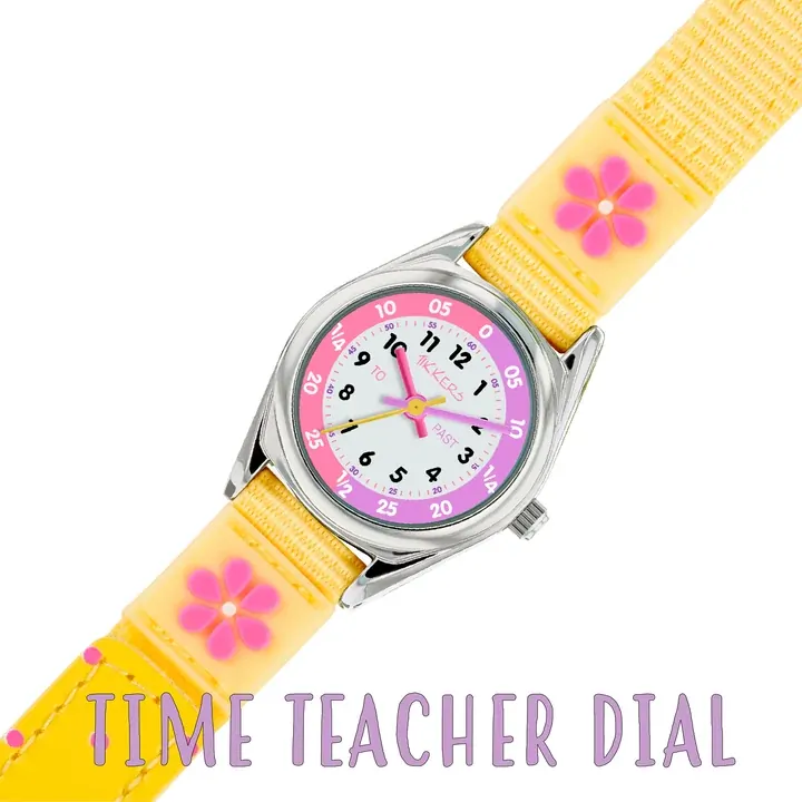 Time Teacher Yellow & Pink Youth Quartz Watch With Flower & Polka Dot Canvas Strap By TIKKERS image