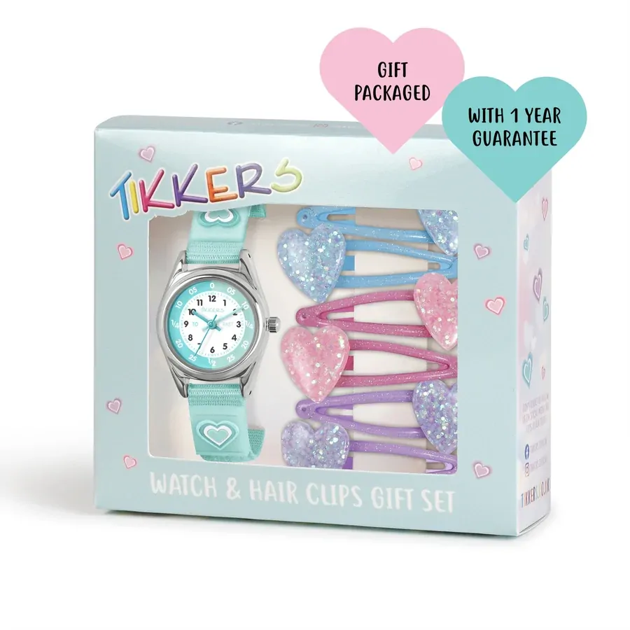 Time Teacher 3D Green Heart Kids Watch Gift Set With Hair Clips By TIKKERS image