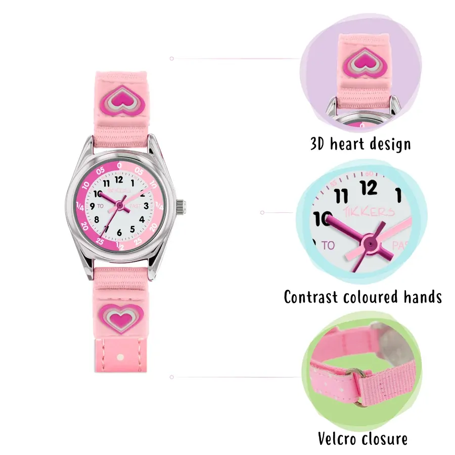 Time Teacher 3D Pink Heart Kids Watch Gift Set With Bracelet & Purse By TIKKERS image