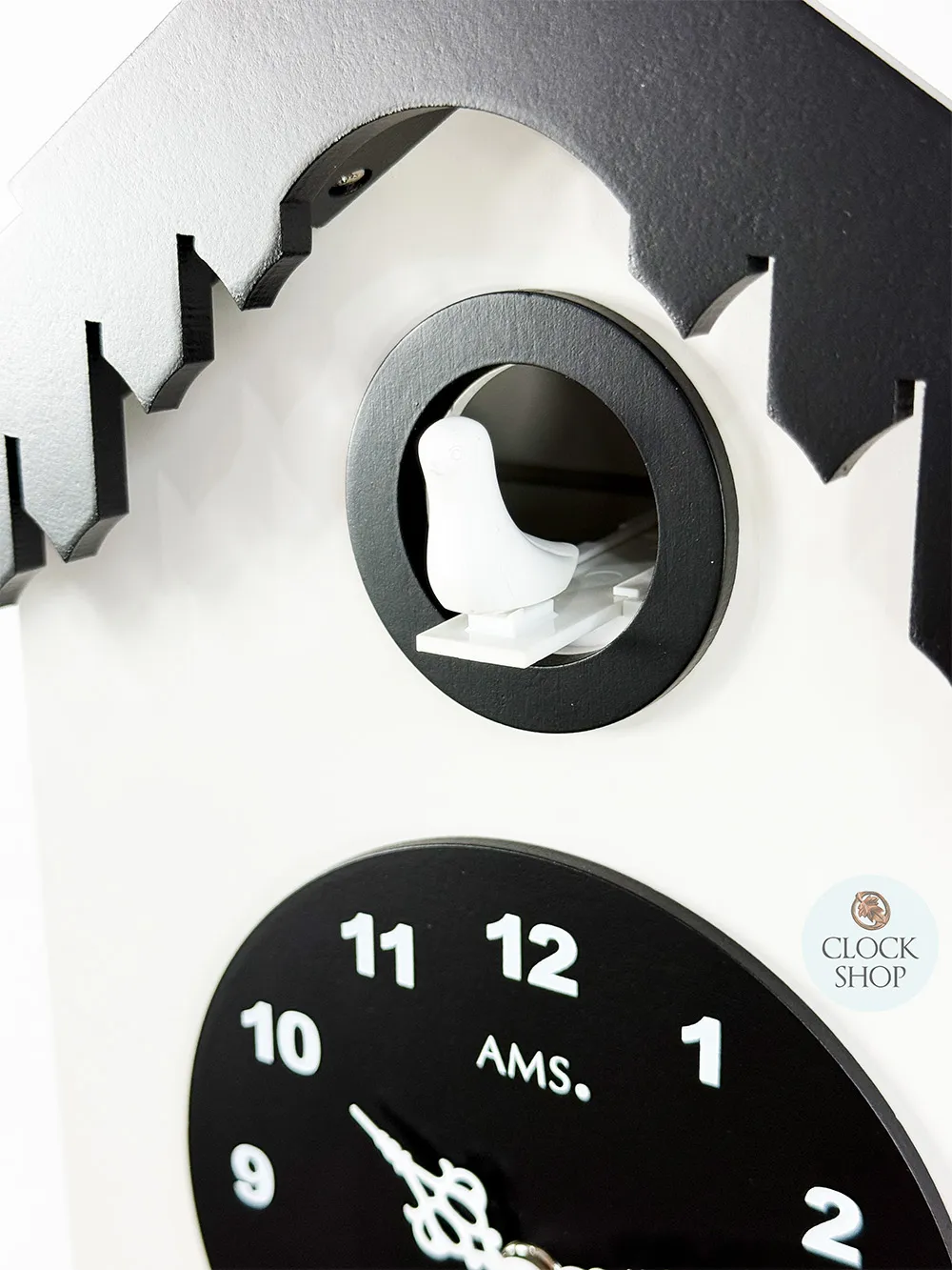 34cm Black & White Modern Battery Chalet Cuckoo Clock By AMS image