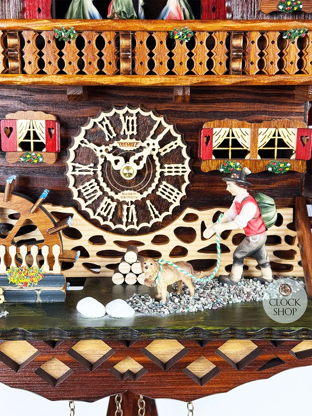 Black Forest House With Hiker & Dog Battery Chalet Cuckoo Clock 52cm By TRENKLE image