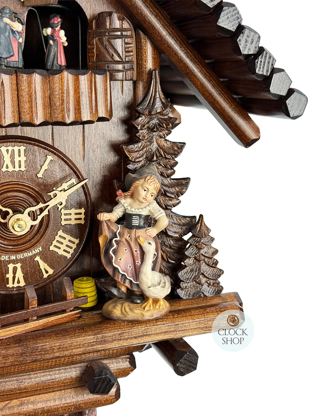 Log Cabin 8 Day Mechanical Chalet Cuckoo Clock With Girl, Geese & Dancers 38cm By SCHWER image