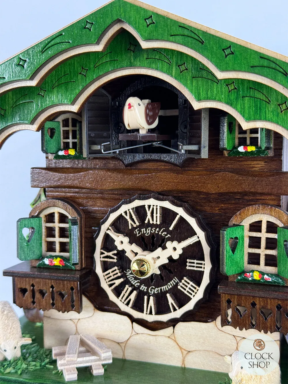 Sheep Battery Chalet Cuckoo Clock With Green Roof 18.5cm By ENGSTLER image