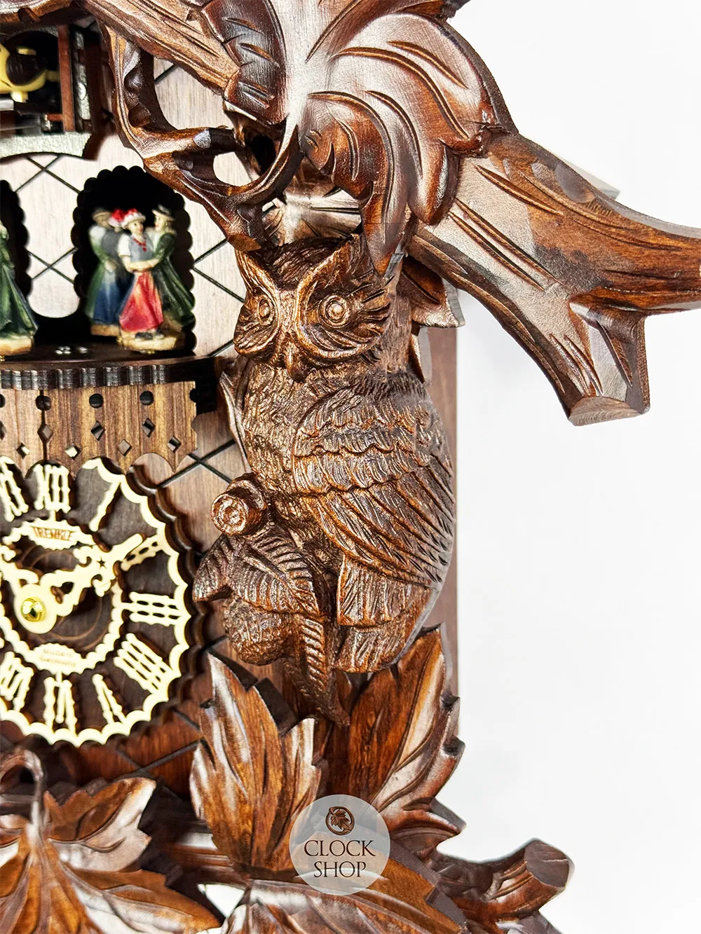 Owls Battery Carved Cuckoo Clock With Dancers 52cm By TRENKLE image