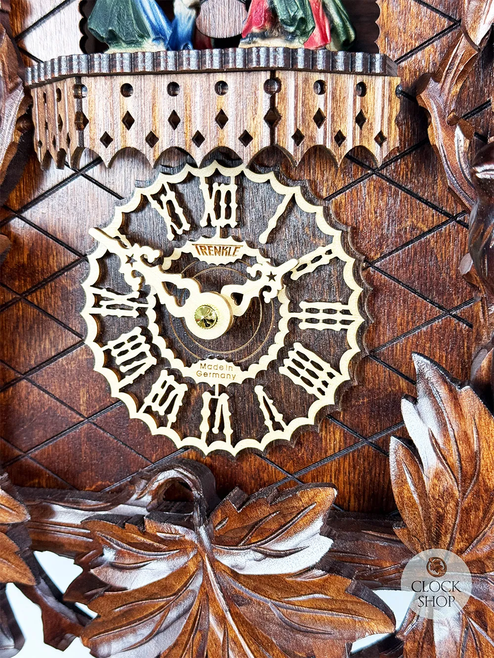 Detailed Birds & Leaves Battery Carved Cuckoo Clock With Dancers 49cm By TRENKLE image