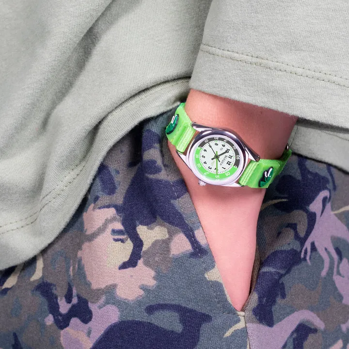 Time Teacher Green Youth Quartz Watch With Green Canvas Dinosaur Strap By TIKKERS image