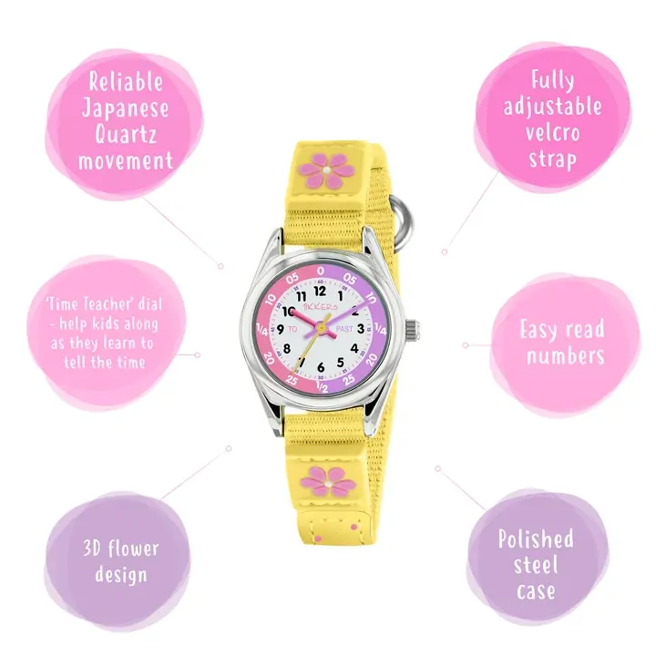 Time Teacher Yellow & Pink Youth Quartz Watch With Flower & Polka Dot Canvas Strap By TIKKERS image