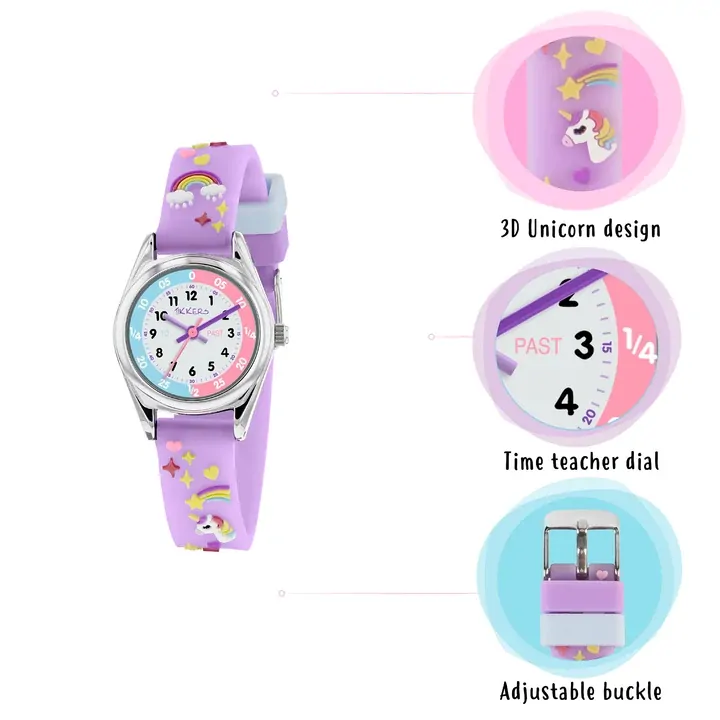 Time Teacher Purple Youth Quartz Watch With 3D Unicorn Silicone Strap By TIKKERS image