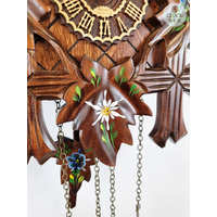 5 Leaf & Bird With Blue & White Flowers Battery Carved Cuckoo Clock 35cm By TRENKLE image