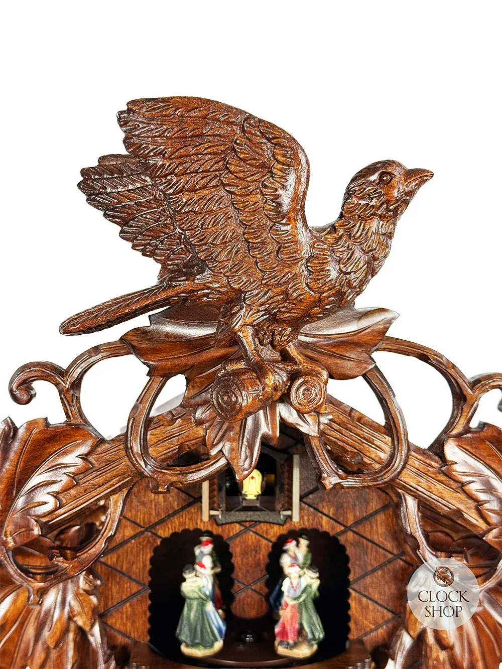 Detailed Birds & Leaves Battery Carved Cuckoo Clock With Dancers 49cm By TRENKLE image