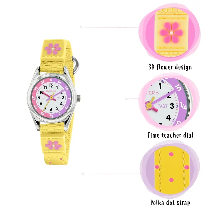 Time Teacher Yellow & Pink Youth Quartz Watch With Flower & Polka Dot Canvas Strap By TIKKERS image