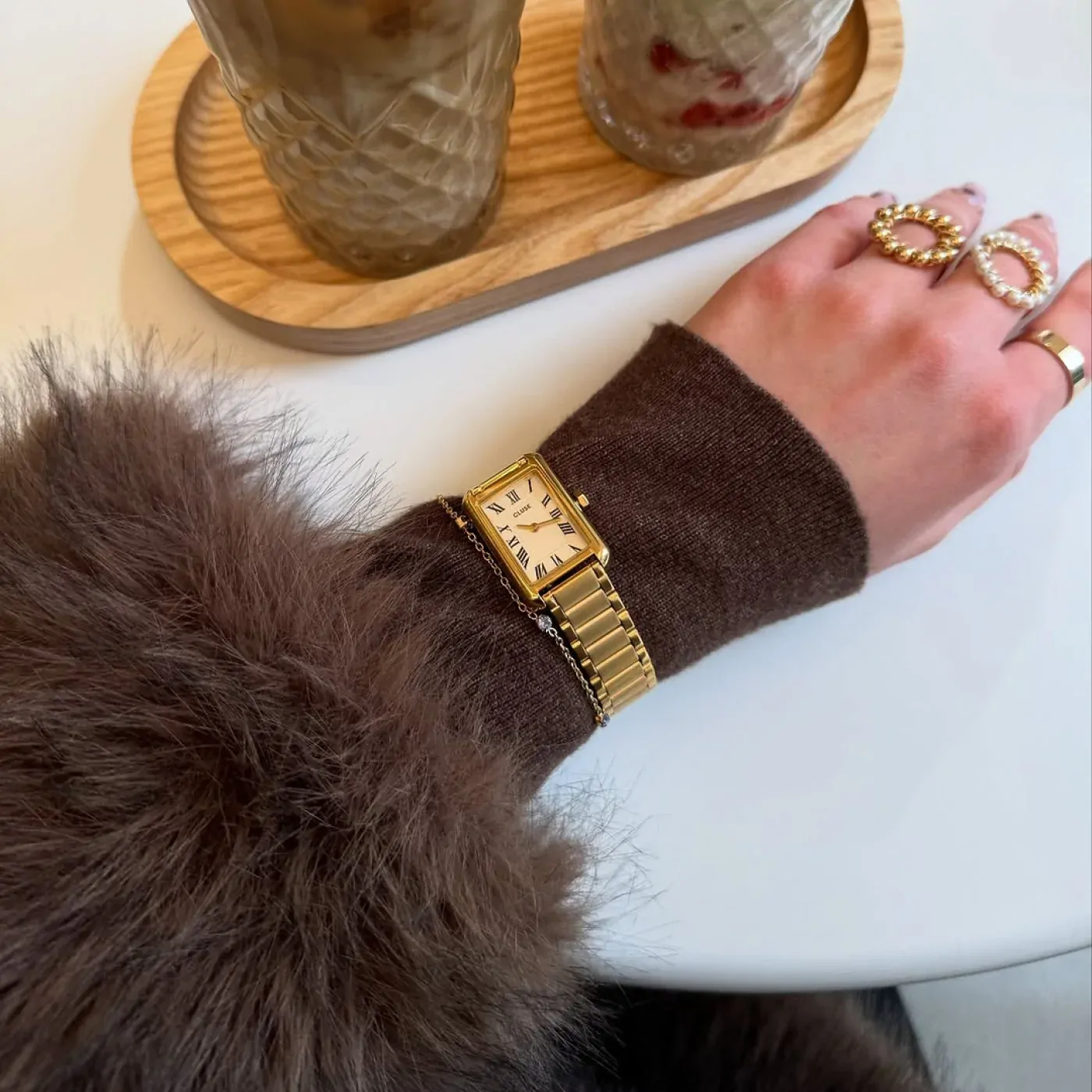 21mm Belisenna Womens Quartz Watch With Rectangular White Dial & Gold Stainless Steel Link Band By CLUSE image