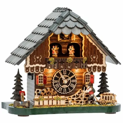 Hiker With Dog LED Battery Chalet Table Cuckoo Clock With Dancers 34cm By TRENKLE image
