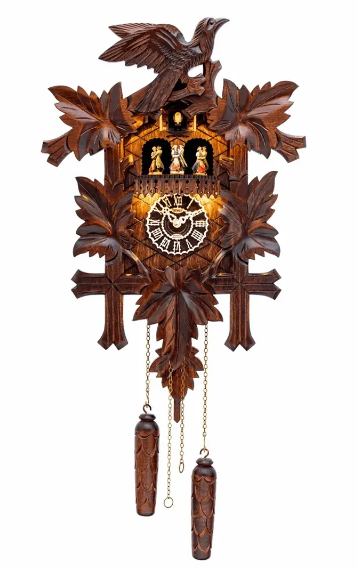 5 Leaf & Bird LED Battery Carved Cuckoo Clock With Dancers 48cm By TRENKLE image