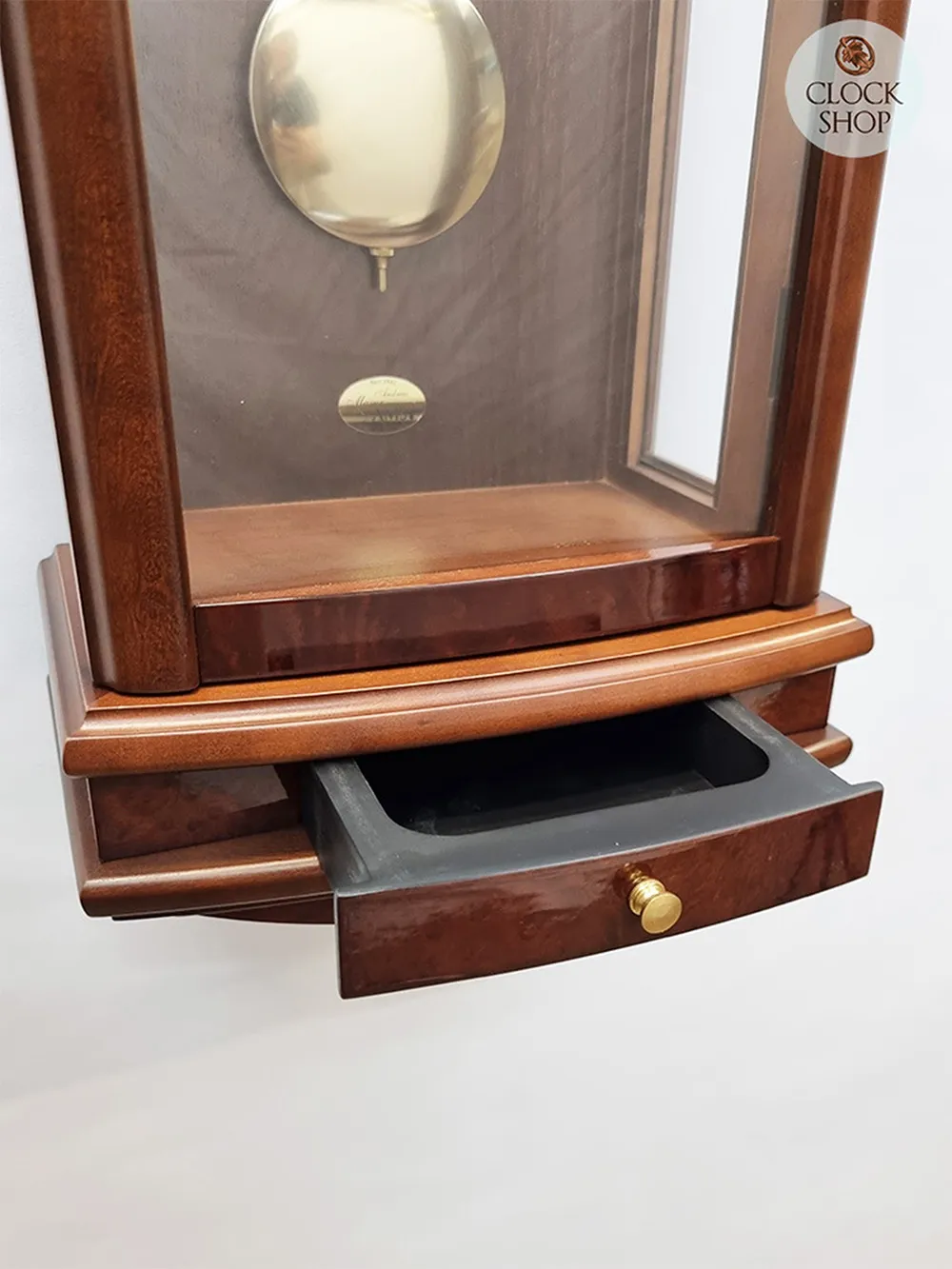 65cm Walnut 14 Day Mechanical Bim Bam Striking Wall Clock With Piano Finish & Draw By AMS image