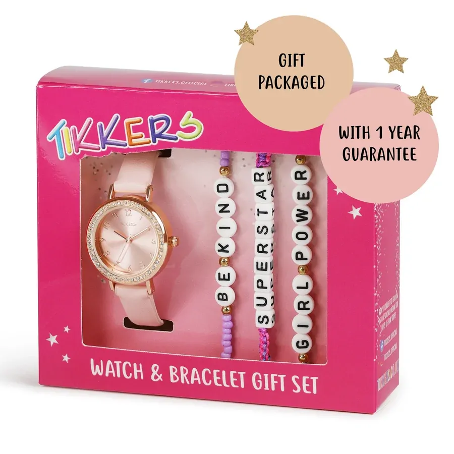 Pink Sparkle Kids Watch Gift Set With Beaded Friendship Bracelets By TIKKERS image