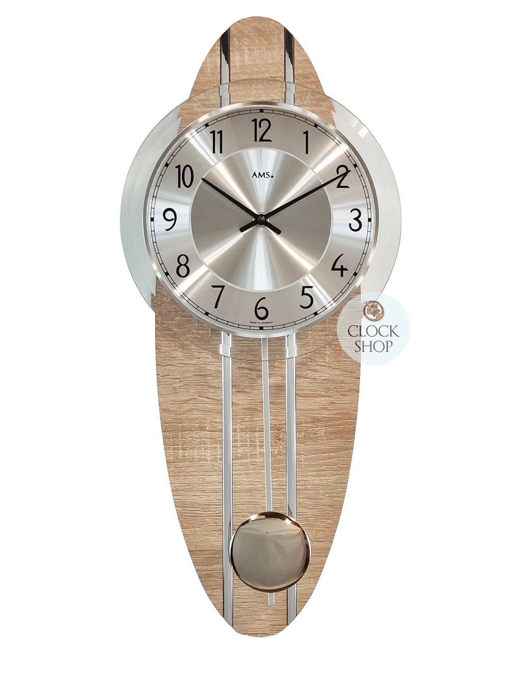 Beech & Silver Pendulum Oblong Wall Clock By AMS Clock Shop Australia