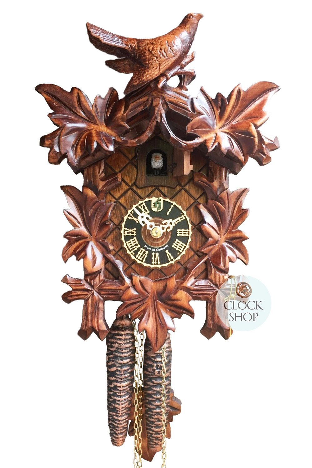 5 Leaf & Detailed Bird 1 Day Mechanical Carved Cuckoo Clock 25cm By