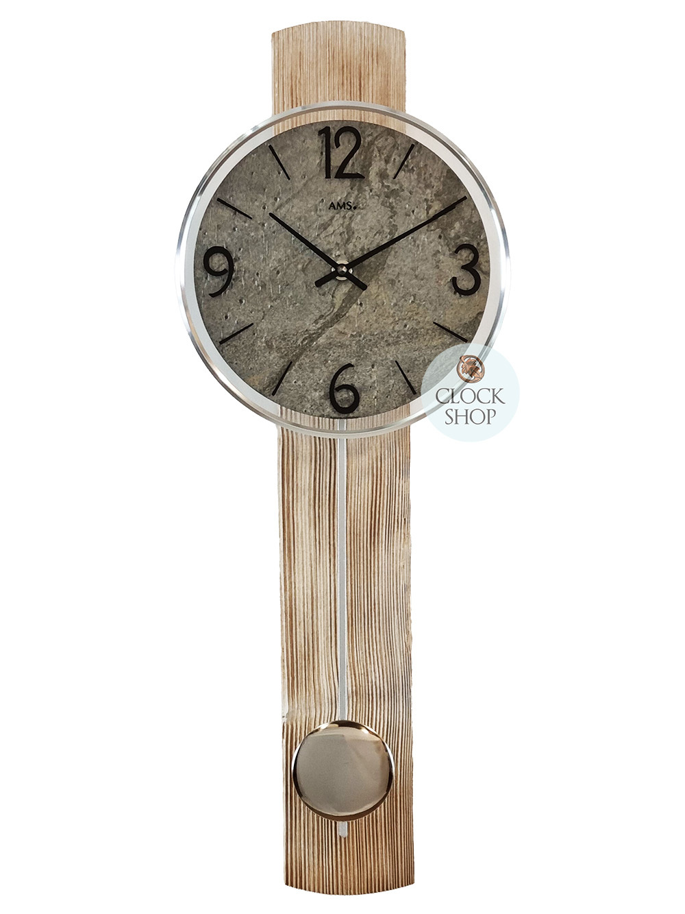 60cm Oak Pendulum Wall Grey Stone Dial By AMS - Clocks - Clock Shop