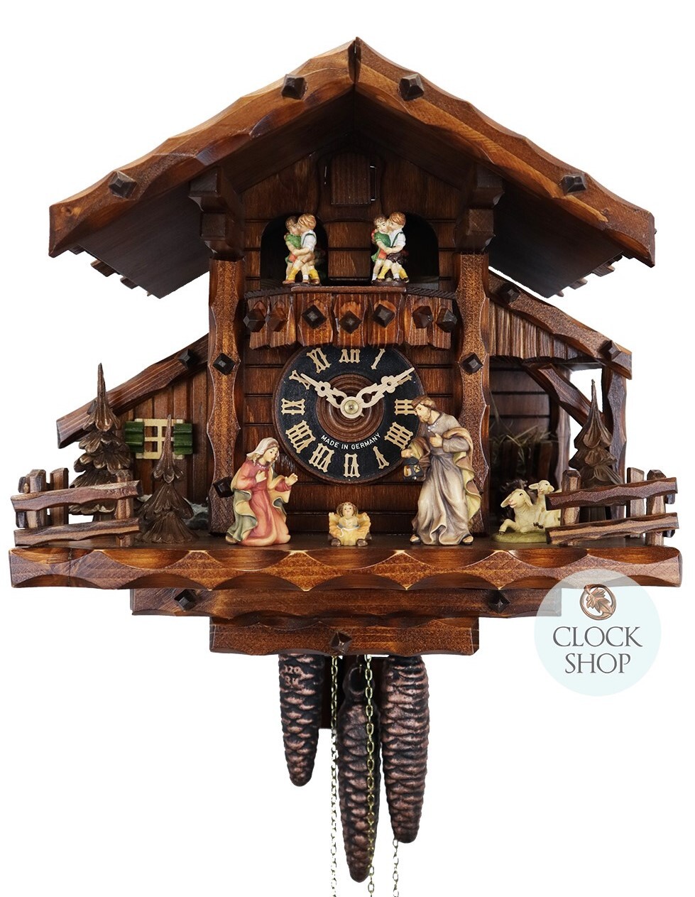 Carved 1 Day Nativity Scene with Dancers 26cm Cuckoo Clock BY HONES