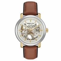 Silver Skeleton Automatic Watch with Honey Brown Leather Band BY KENNETH COLE