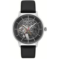 Silver Skeleton Automatic Watch with Black Leather Band BY KENNETH COLE