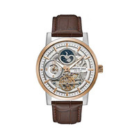Silver/Rose Gold Skeleton Automatic Watch with Brown Leather Band BY KENNETH COLE