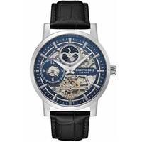 Silver Skeleton Automatic Watch with Black Leather Band BY KENNETH COLE