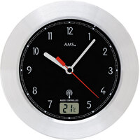 17cm Silver/Black Round Wall Clock With Temperature By AMS image