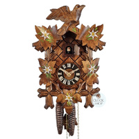 5 Leaf & Bird 1 Day Mechanical Carved Cuckoo Clock With Edelweiss Flowers 20cm By HΓNES
