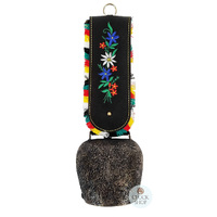 36cm Antique Look Cowbell With Fringed Black Leather Strap