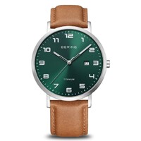 40mm Titanium Collection Mens Watch With Green Dial & Tan Leather Strap & Silver Case By BERING image