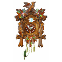 Birds & Leaves Mechanical Carved Clock With Painted Flowers 16cm By TRENKLE image