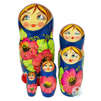 Floral Russian Dolls- Blue & Red 15cm (Set Of 5) image