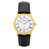28mm Ladies Swiss Quartz Gold Watch With Black Leather Band By CLASSIQUE image