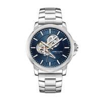 44mm Silver Automatic Mens Watch With Blue Partial Skeleton Dial By KENNETH COLE