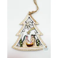 13cm Wooden Tree With Nativity Scene Hanging Decoration