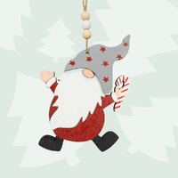 10cm Wooden Christmas Figurine Hanging Decoration- Gnome & Candy Cane