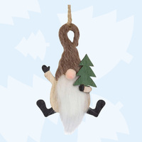 16cm Wooden Gnome With Fluffy Hat Christmas Hanging Decoration - Brown