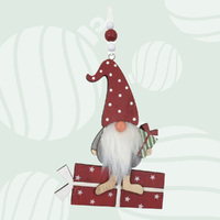 8cm Wooden Gnome With Red Present Hanging Decoration