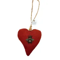 14cm Fabric Heart On Rope Hanging Decoration- Red