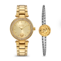 Gift Set- 36mm Brick Lane Crystal Gold Womens Watch With Gold Dial & Bracelet By VERSACE