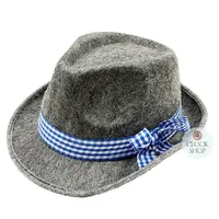 Grey Trilby Party Hat With Blue & White Checkered Ribbon
