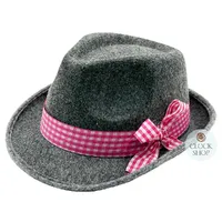 Grey Trilby Party Hat With Pink & White Checkered Ribbon