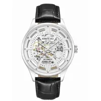 42mm Silver Automatic Mens Watch With Skeleton Dial & Black Leather Band By KENNETH COLE