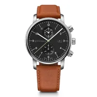 42mm Urban Classic Mens Chronograph Swiss Quartz Watch With Black Dial & Brown Leather Band By WENGER